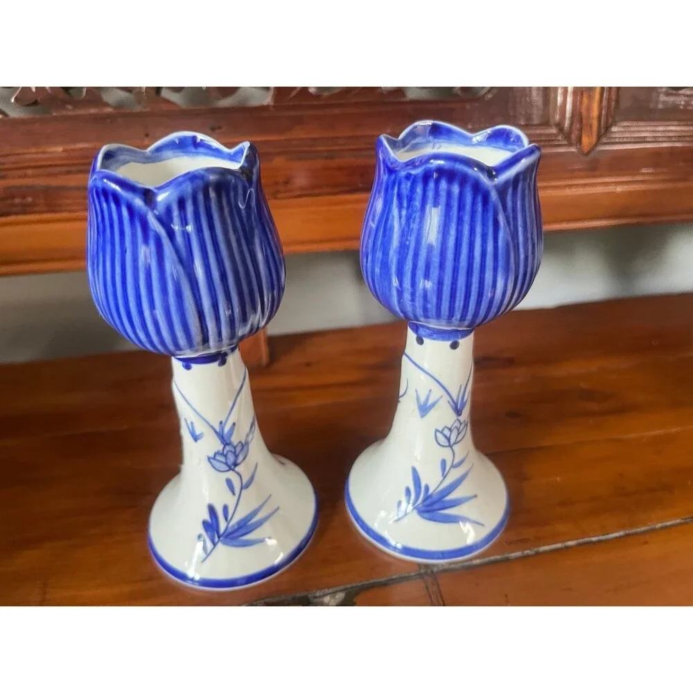 Vintage Delft Blue White Holland Tulip candlesticks